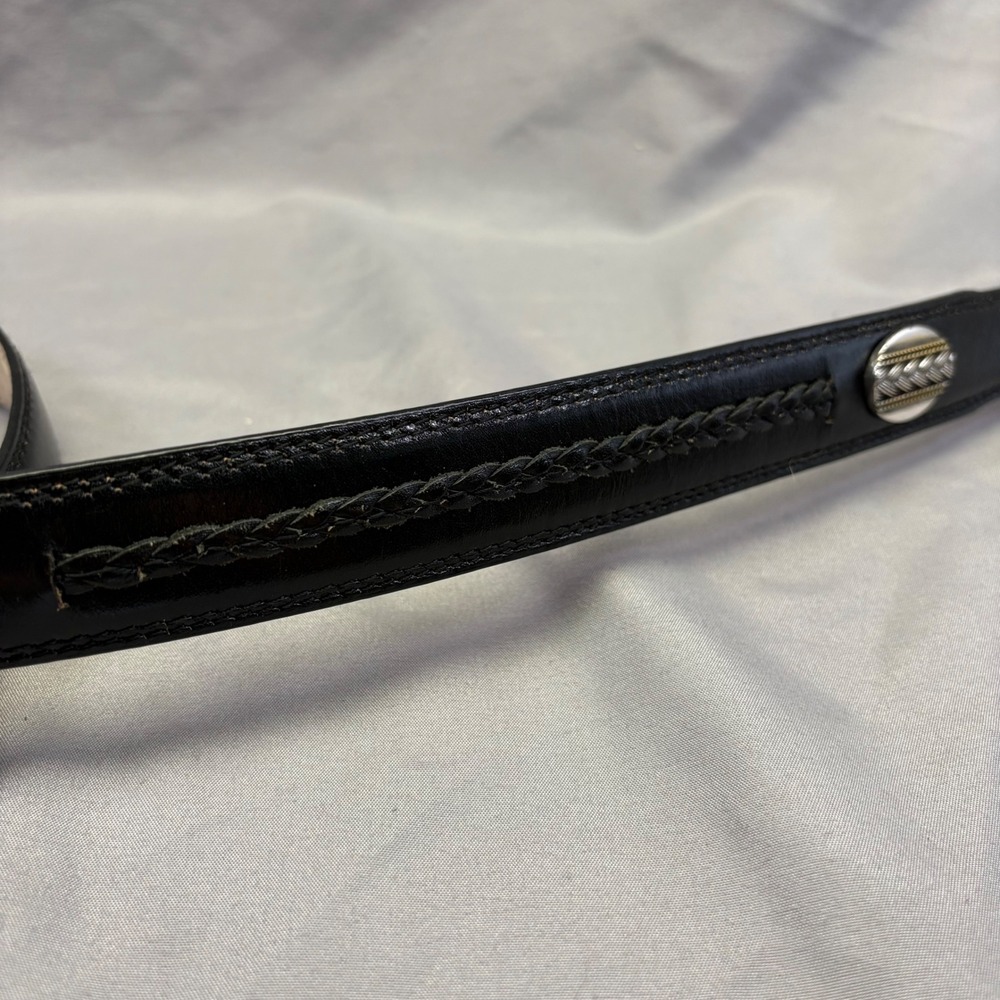 Vintage Western Black Genuine Leather Belt Braided Concho Silver Buckle Set 36 - Picture 4 of 5